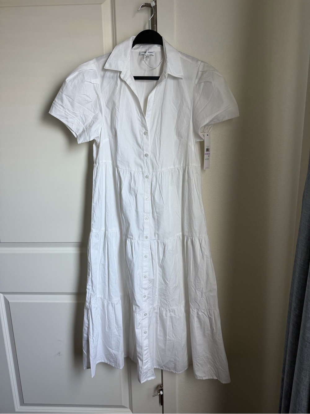 Calvin Klein White Short-Sleeve Button-Down Tiered Midi Dress